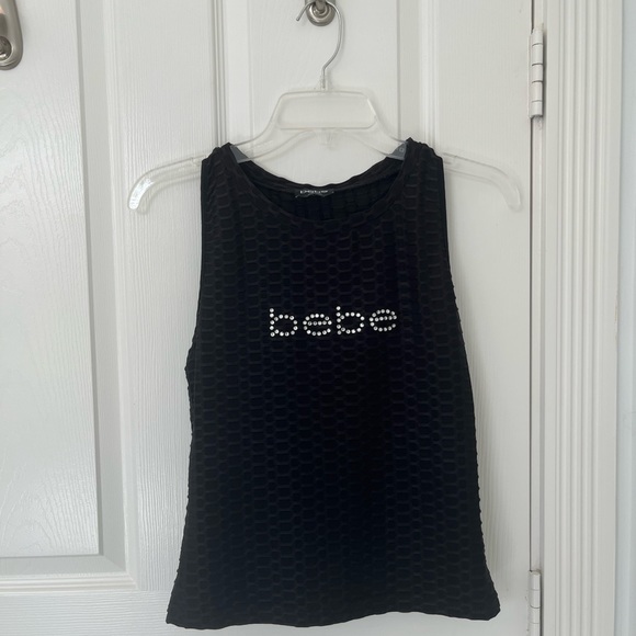 BEBE Y2K Ribbed Rhinestone Bling Logo Tank Top Stretchy Jet Black | Medium - Picture 1 of 6
